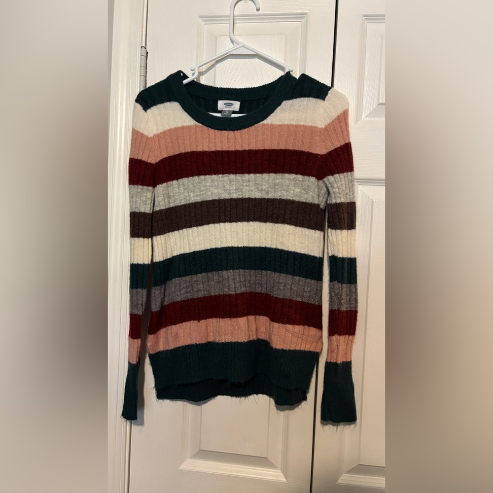 Old Navy Striped Ribbed Crewneck Sweater - Forest Green, Burgundy, Cream & Blush